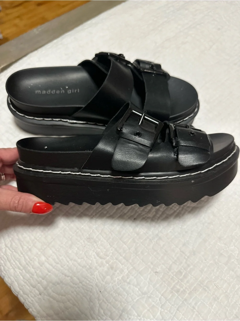 Madden Girl Black Double-Strap Platform Slide Sandals